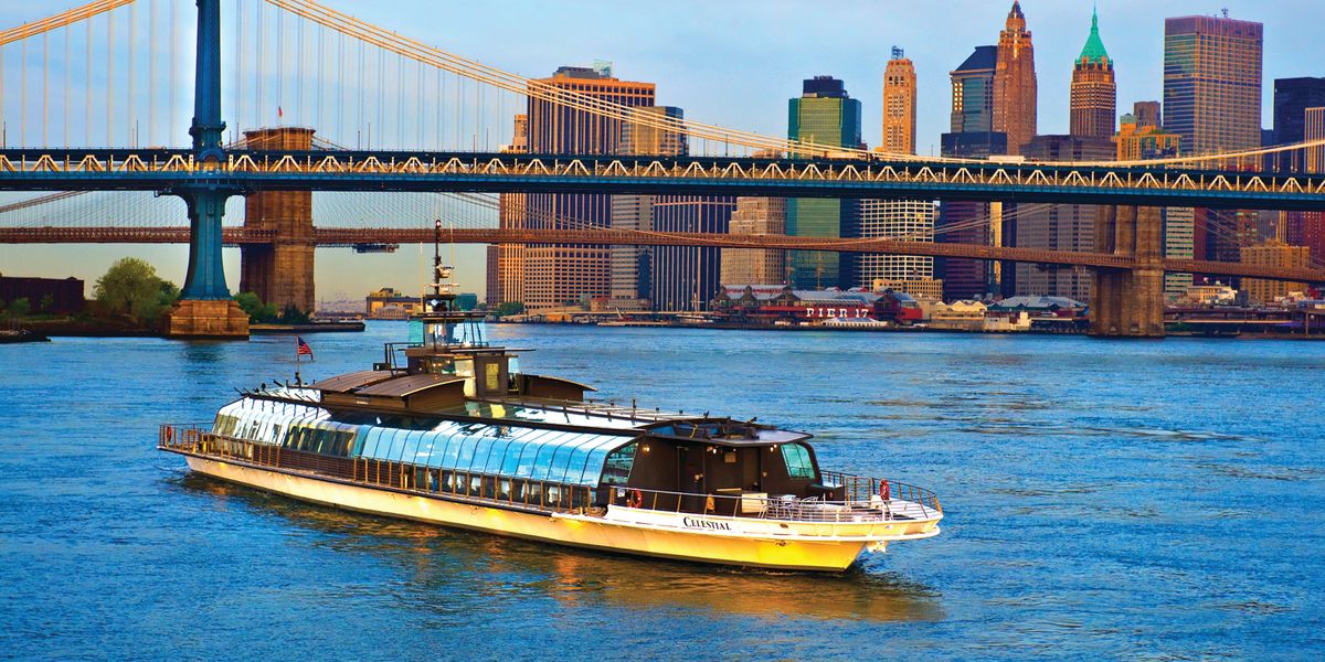 Glass-topped yacht on the East River below the Brooklyn Bridge