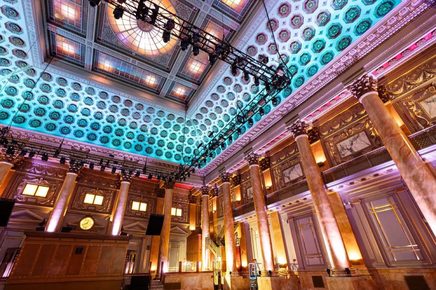 Ornate coffered ceiling and gilded columns of the main ballroom