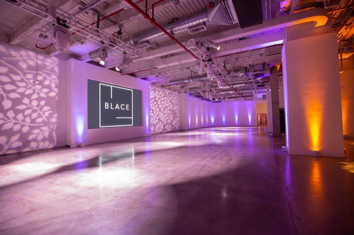 The Yard lit purple with gobo patterns on the walls and open floor