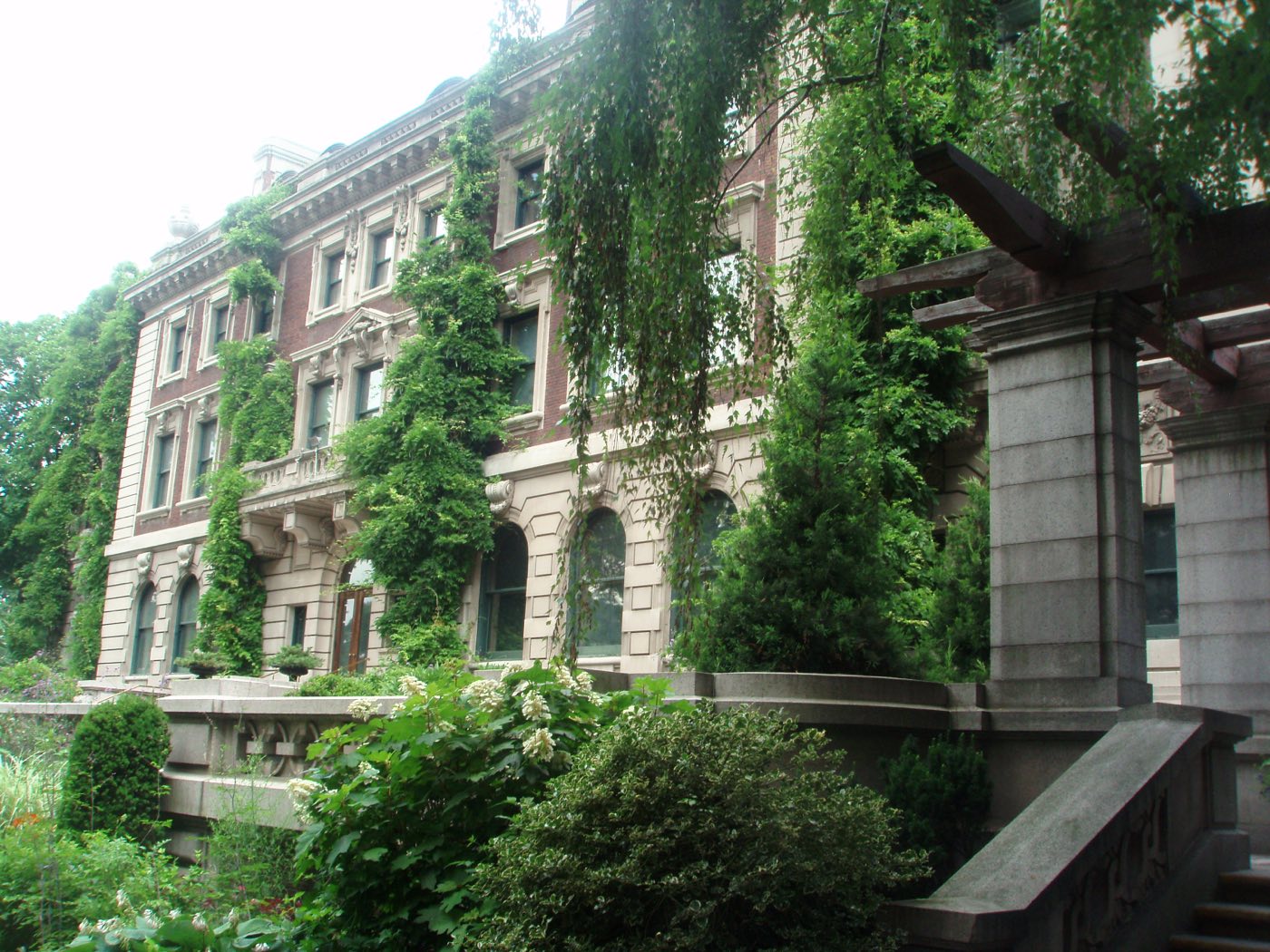 Ivy-covered garden facade of the Carnegie Mansion with a stone pergola
