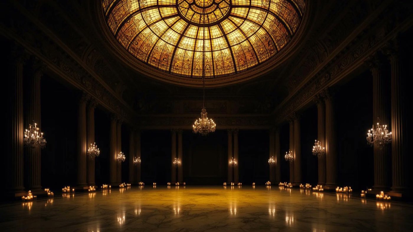 Empty ballroom floor beneath the illuminated stained-glass dome and chandeliers