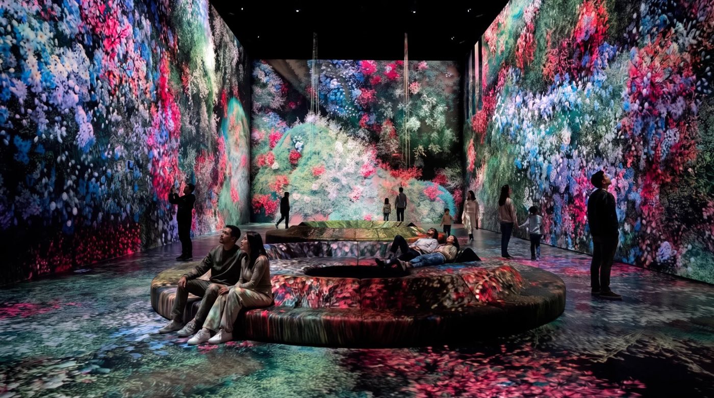 Tall projection hall with flower imagery on every wall and visitors on a round bench