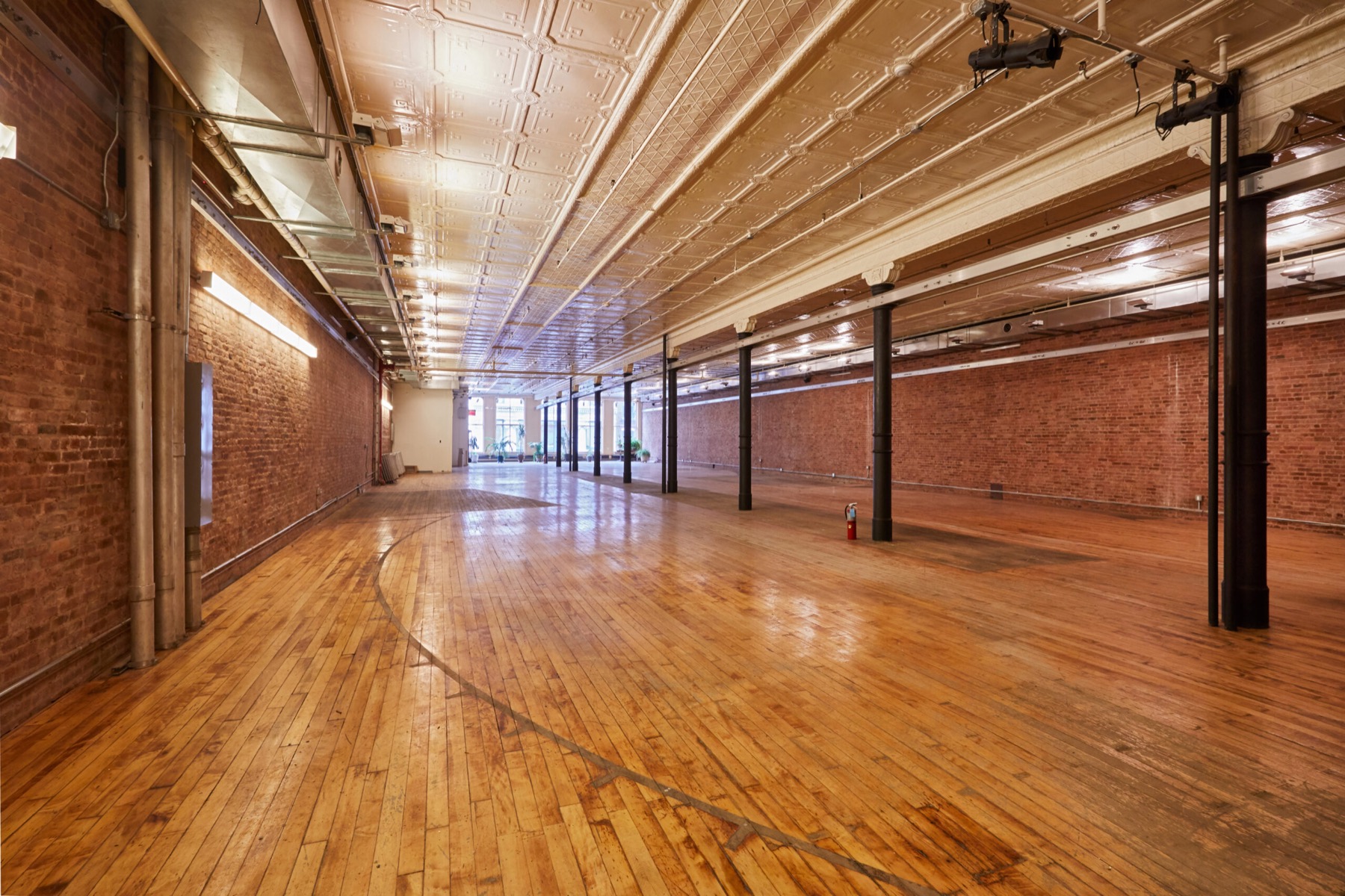 Long empty loft with exposed brick, hardwood floor and a line of iron columns