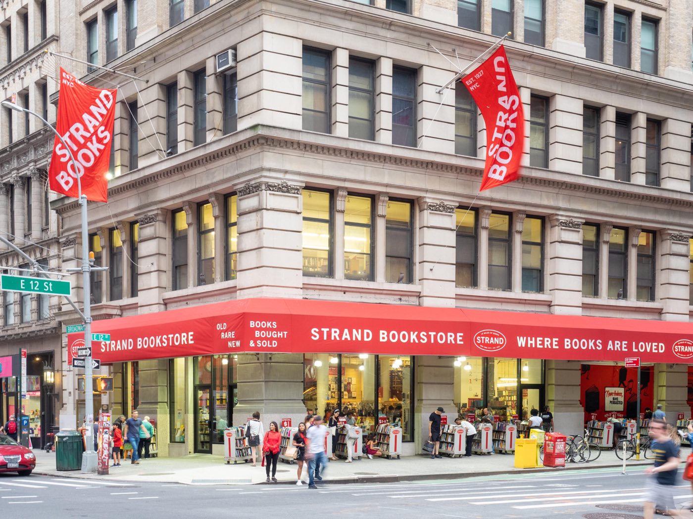Strand Book Store corner building with red awning on Broadway and 12th Street