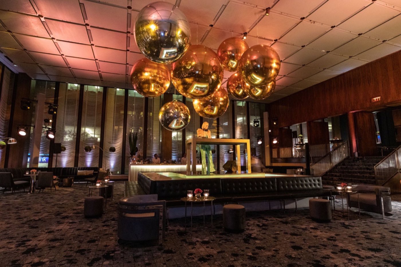The Grill dining room with gold balloon installation above the central bar